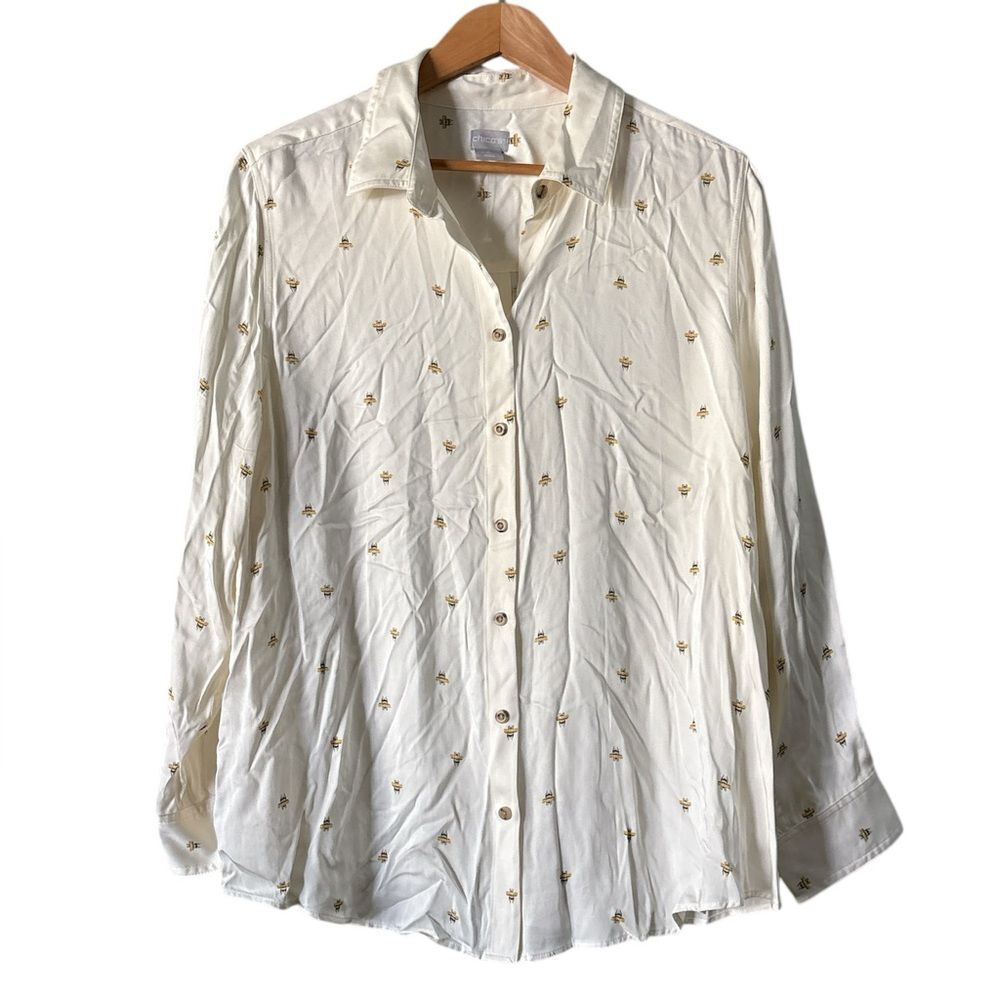 Chico's White Button Down Long Sleeve Shirt Bumble Bee Novelty Print Sz 3 16/18